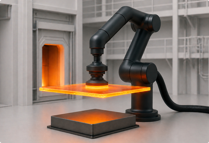ExEn vacuum gripper handling hot glass components in a manufacturing line